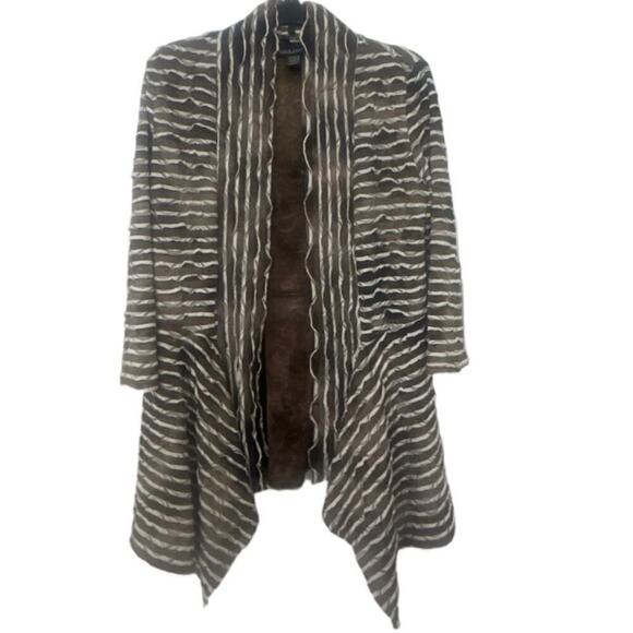 FRANK LYMAN DESIGN Brown and White Striped Textured Open Front Cardigan Size 10 - Picture 2 of 9